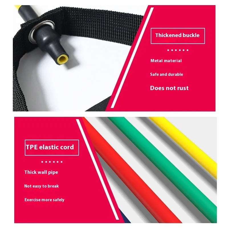 Adjustable TPE chest expander in five colours: yellow, green, red, blue, and black, each representing a different resistance weight.