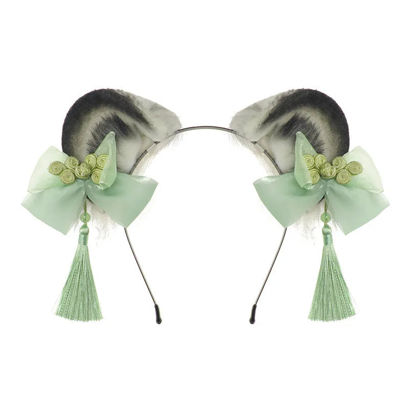 Handmade panda animal ears headband with tassel in pink, blue, green, purple – plush material unisex accessory
