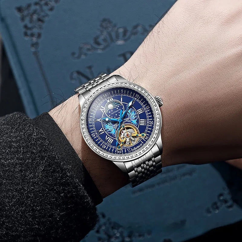 Men's waterproof mechanical watch with stainless steel strap and visible movement through transparent case back.