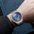 Men's waterproof mechanical watch with stainless steel strap and visible movement through transparent case back.