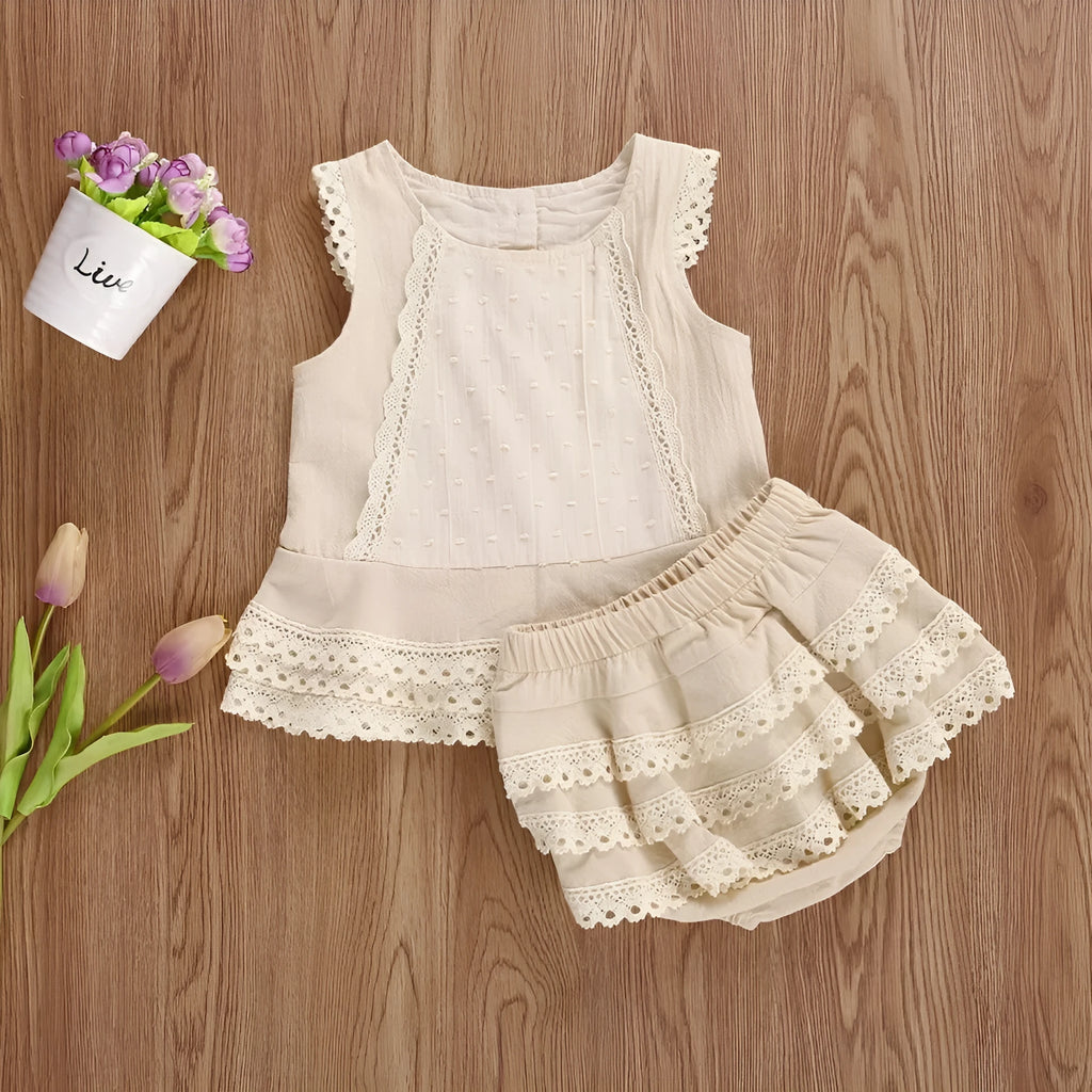 Girls beige cotton lace sleeveless shorts two-piece skirt suit for 70-110cm height