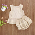 Girls beige cotton lace sleeveless shorts two-piece skirt suit for 70-110cm height