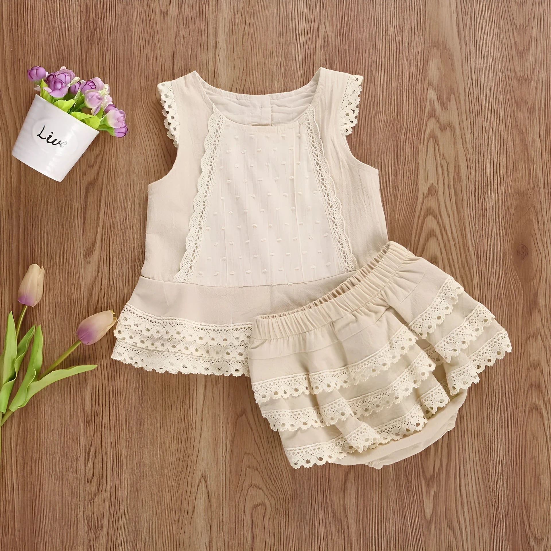 Girls beige cotton lace sleeveless shorts two-piece skirt suit for 70-110cm height