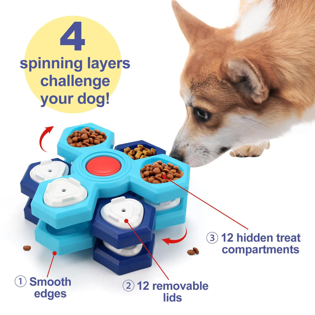 Blue 4-layer slow feeder puzzle dog bowl non-slip interactive pet tableware