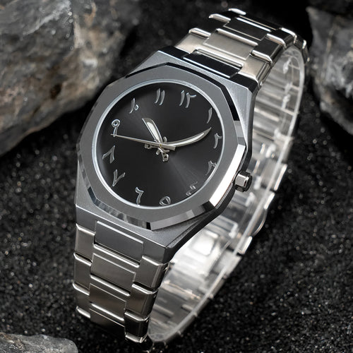 Men's business casual quartz watch with stainless steel strap showing black dial and 10mm thickness.