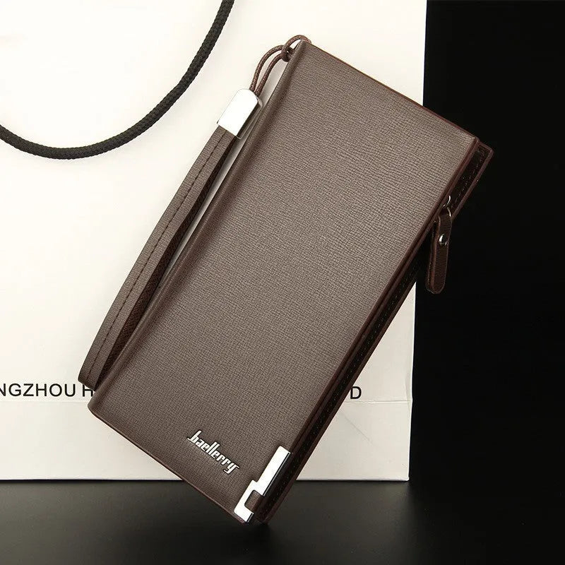 Men's long black PU leather wallet with a silver zipper closure laid flat