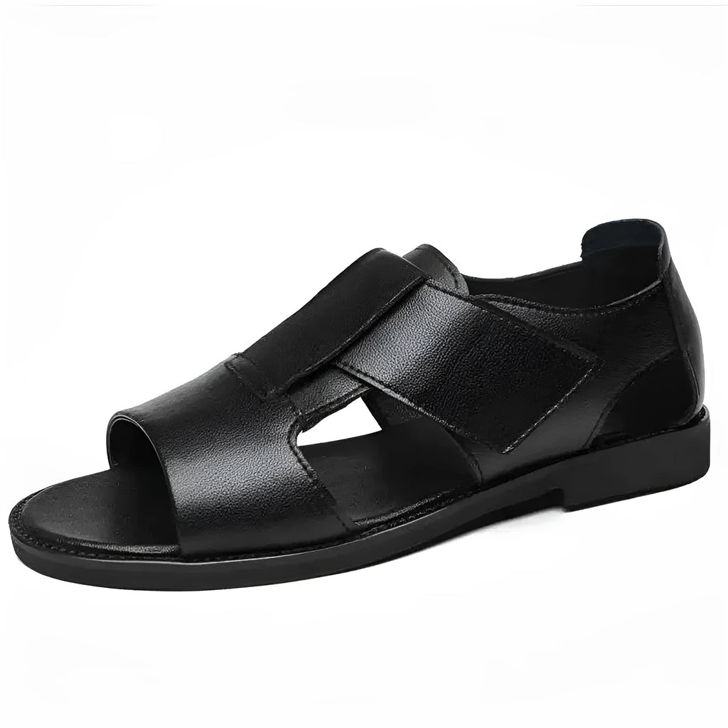 Men's black leather Roman-style open-toe sandals with a non-slip rubber sole.