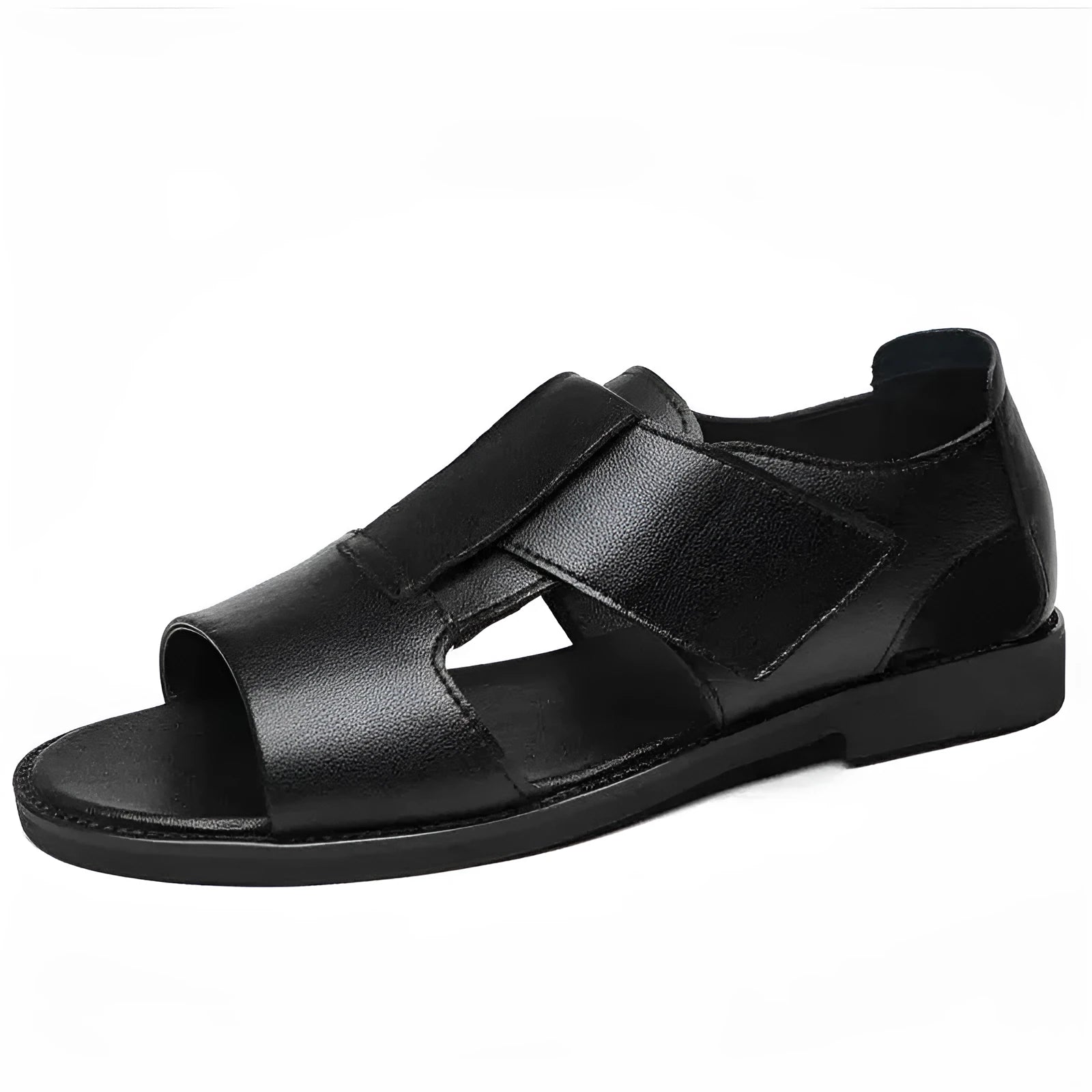 Men's black leather Roman-style open-toe sandals with a non-slip rubber sole.