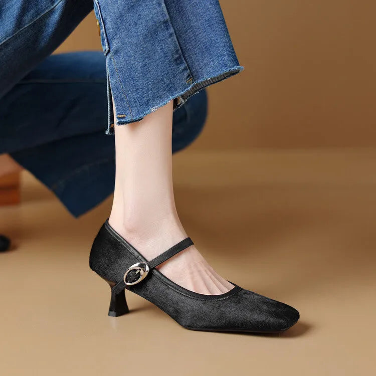 Women's black square toe stiletto ankle-strap high heels with horse hair upper