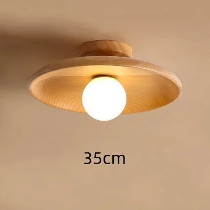 Minimalist solid wood and glass ceiling lamp in walnut colour, 28cm diameter.