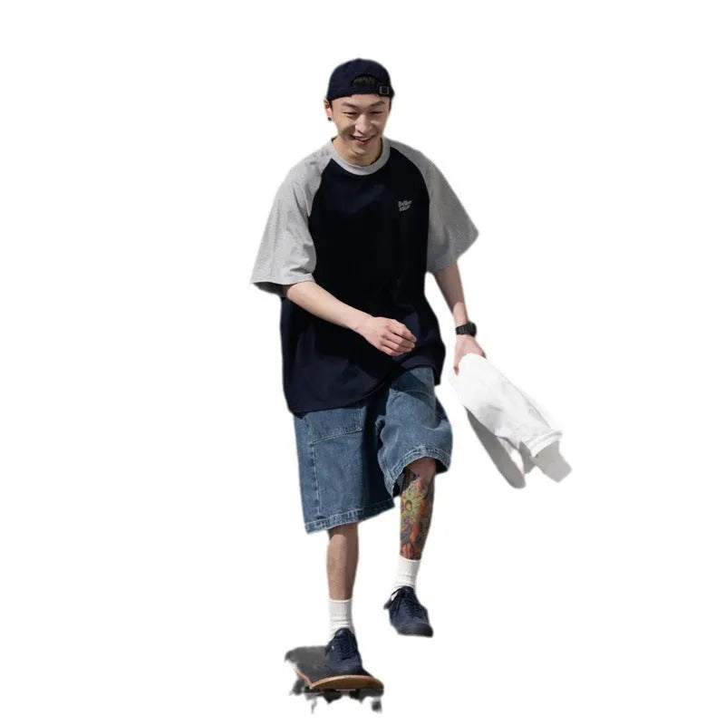 Japanese junior raglan sleeve t-shirt for men in blue, green, or grey with loose pullover style