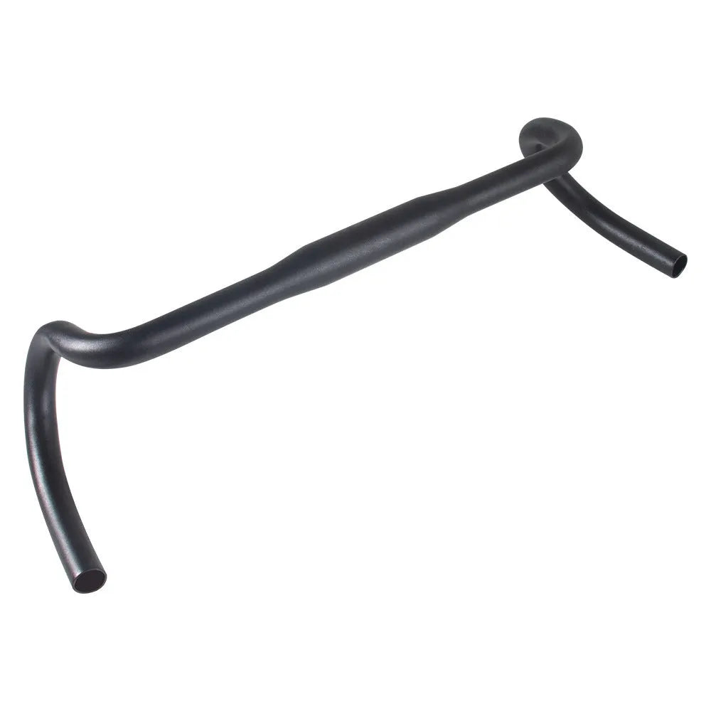 Black aluminium alloy road bike drop handlebar showing 420mm width and 31.8mm clamp area.