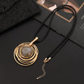 Women's vintage gold adjustable long necklace with geometric plaid alloy pendant on a snakeskin wax rope chain.