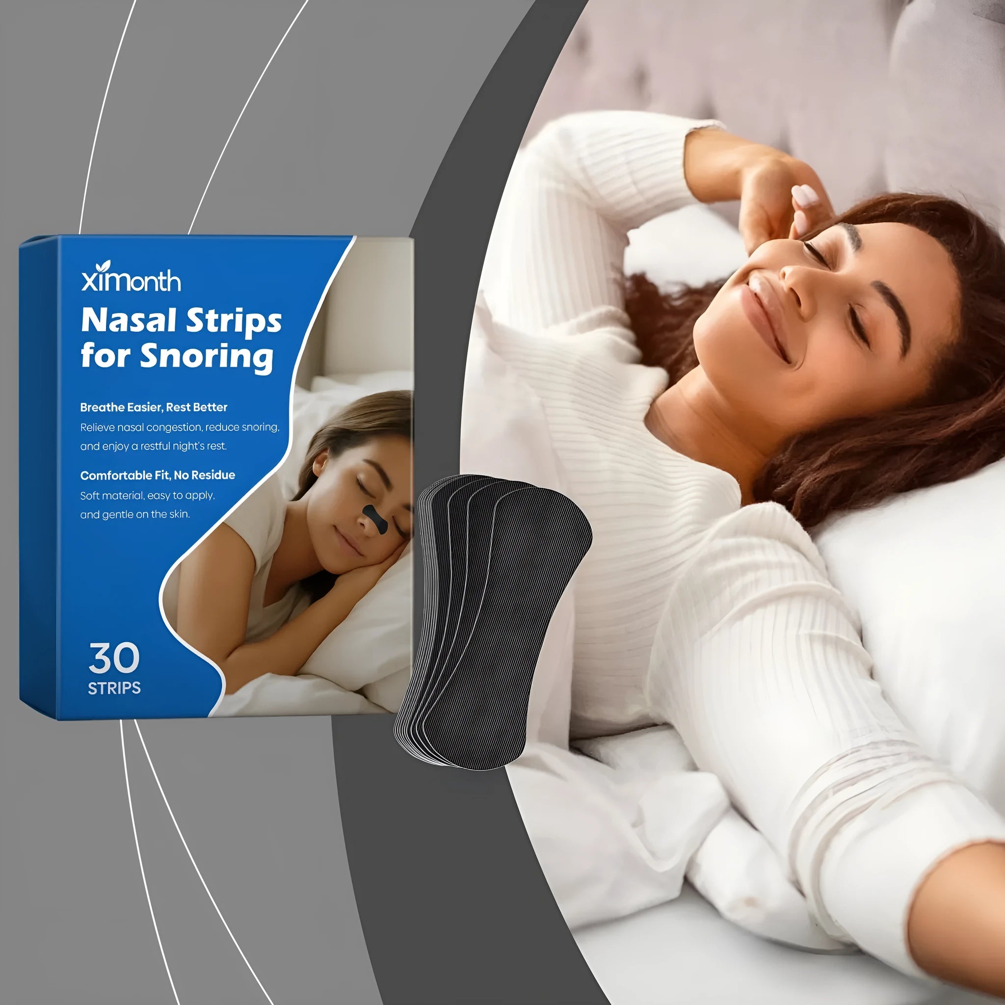 30 anti-snoring transparent nose strips in package with medical-grade adhesive technology