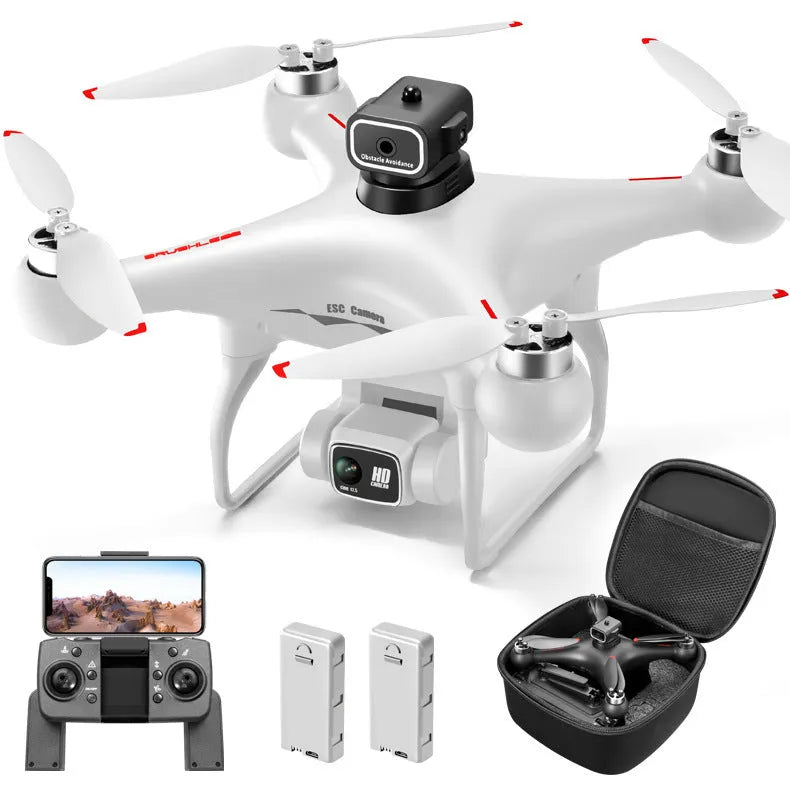 Black S116 drone with four propellers, obstacle sensors visible on its sides, next to its remote control transmitter.