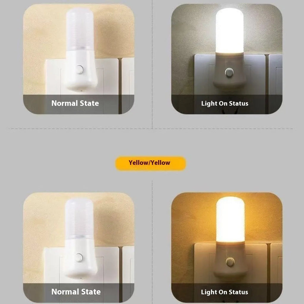 White minimalist plug-in bedside night light with dual colour switch showing 6.5cm cube dimensions