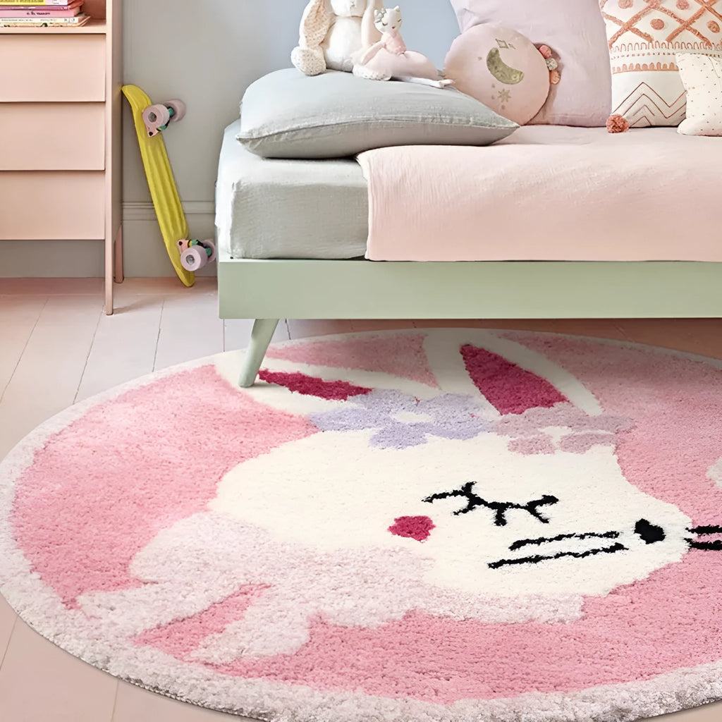 Round children's carpet with rabbit print, polyester, 80cm diameter, anti-slip, forest green