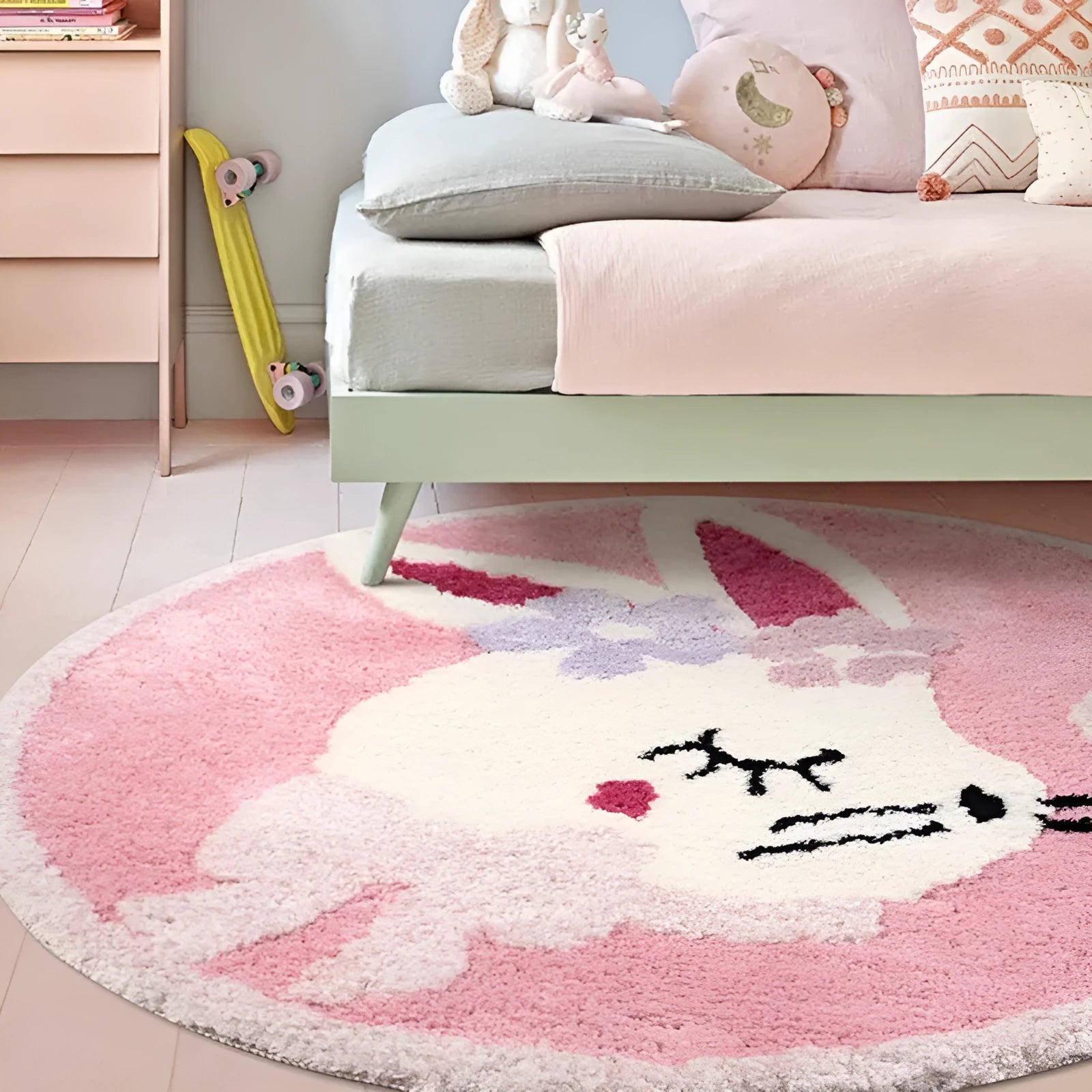 Round children's carpet with rabbit print, polyester, 80cm diameter, anti-slip, forest green