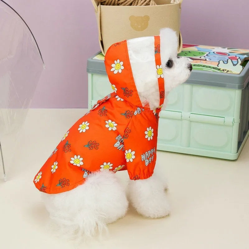 Transparent dog raincoat with pull ring traction in orange floral pattern