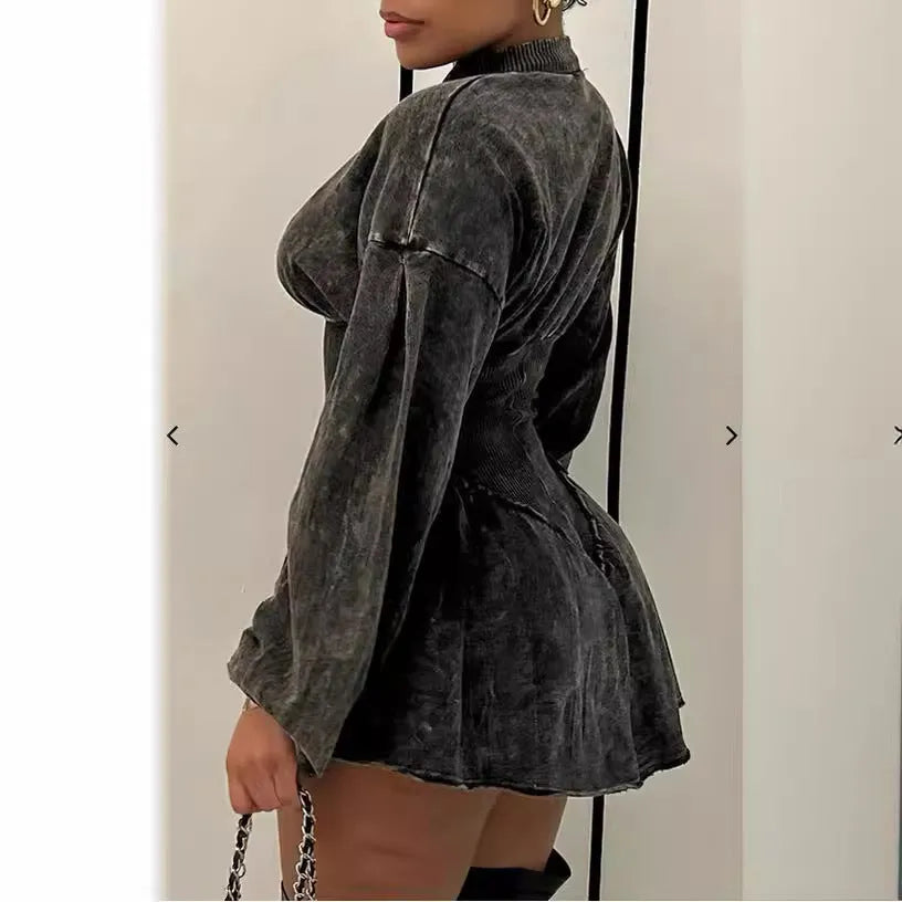 Grey women's A-line dress with a drawstring waist and long sleeves, featuring a digital print.