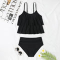 Black high-waist swimsuit briefs with a double-layer front and a matching sleeveless top on a mannequin.