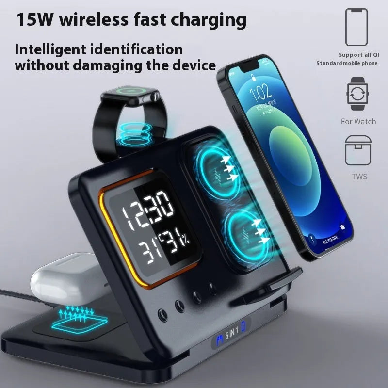Black wireless charging station with digital display showing time and temperature, charging phone and watch