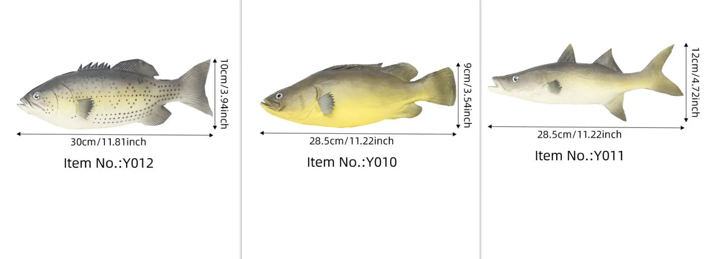 Three PU simulated fish ornaments: yellow-fin tuna, yellow croaker and flower fish models