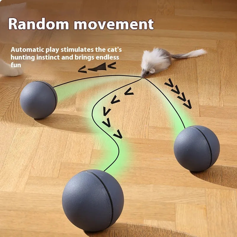 Automatic cat teasing ball toy with plush mouse in blue orange and dark grey colours