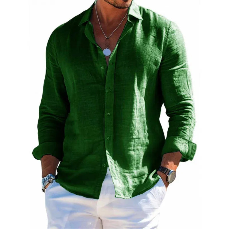 Men's loose fit long sleeve shirt in solid colour with lapel collar and button front, polyester fabric
