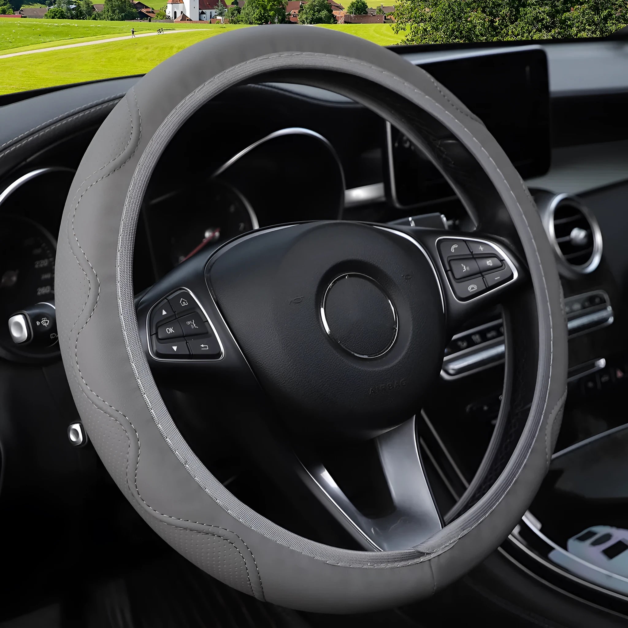 Elastic corrugated steering wheel cover in PU leather foam for 37-38cm diameter wheels