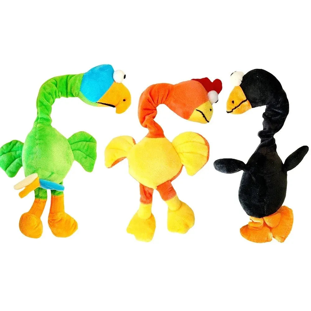 Screaming chicken sound dog toy in black, green and orange colours