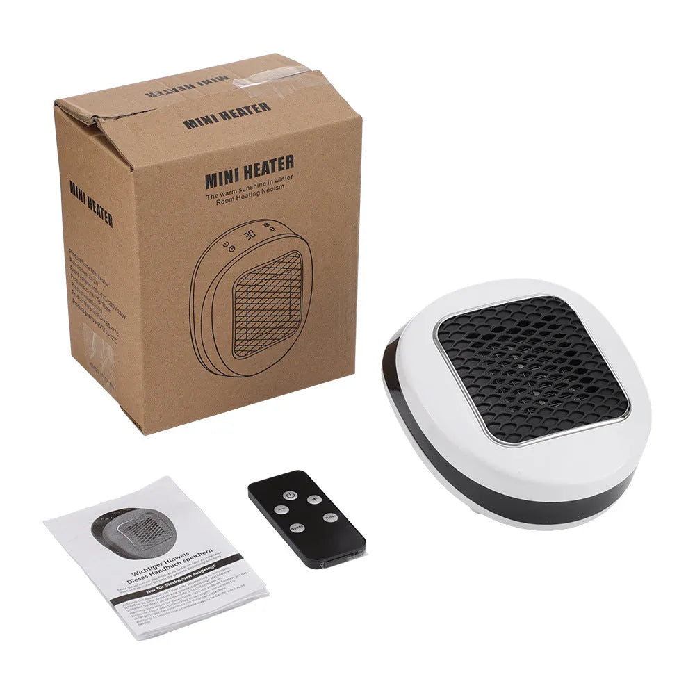 White plastic ceramic heating electric blower heater with remote control on a table.