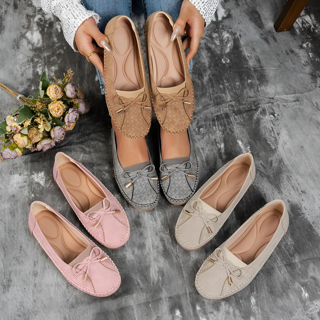 Women's flat-heeled shoes with stitching bow, solid colour PU upper, low heel under 3cm, TPR sole, sizes 36-43.