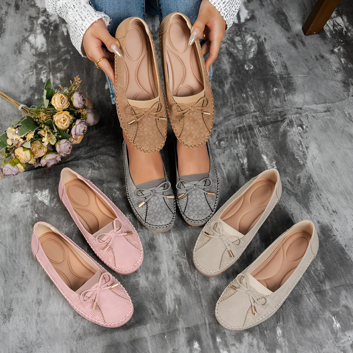 Women's flat-heeled shoes with stitching bow, solid colour PU upper, low heel under 3cm, TPR sole, sizes 36-43.
