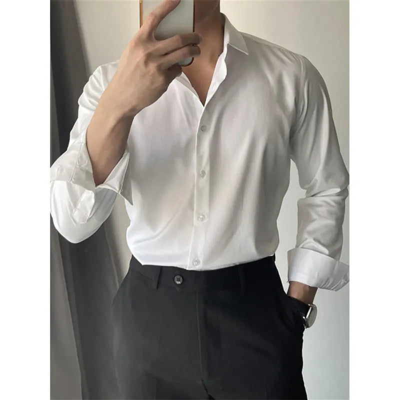 Men's Korean slim fit leisure shirt in chemical fibre blend fabric available in white, black and dark grey