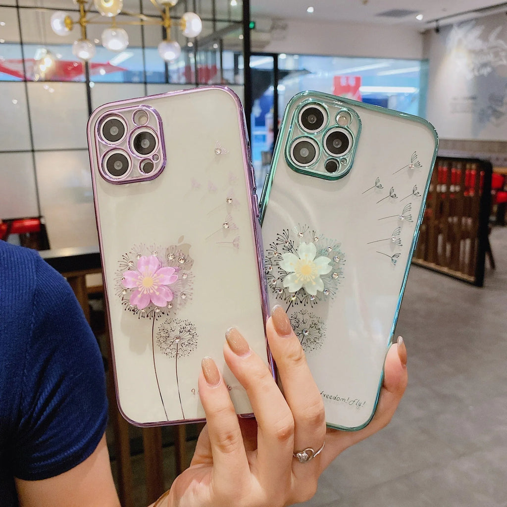 Green iPhone case with a raised 3D purple flower that acts as a spin stand, showing the built-in screen protector.