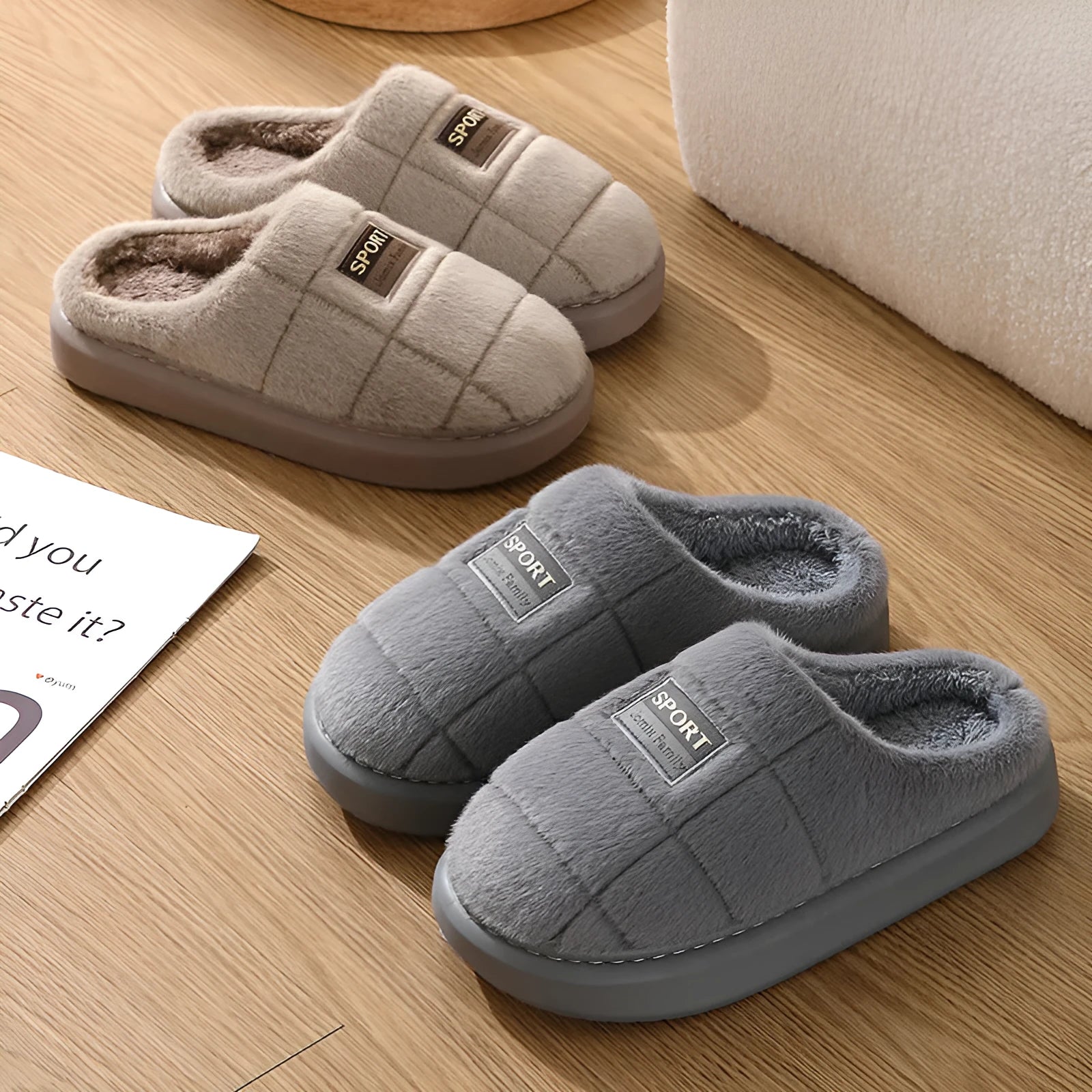 Men's plaid grey rabbit-hair winter slippers with a thick EVA sole