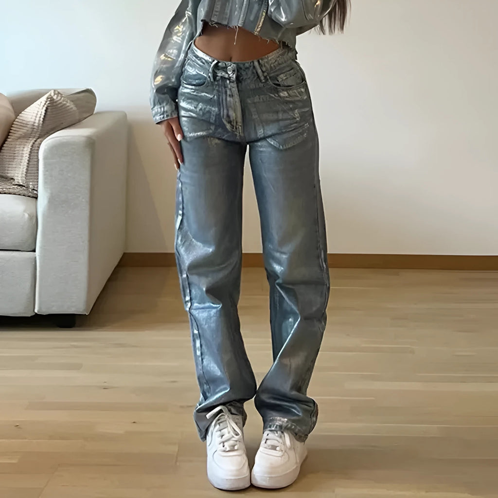 High waist straight leg jeans in washed blue denim with hot silver contrast stitching detail