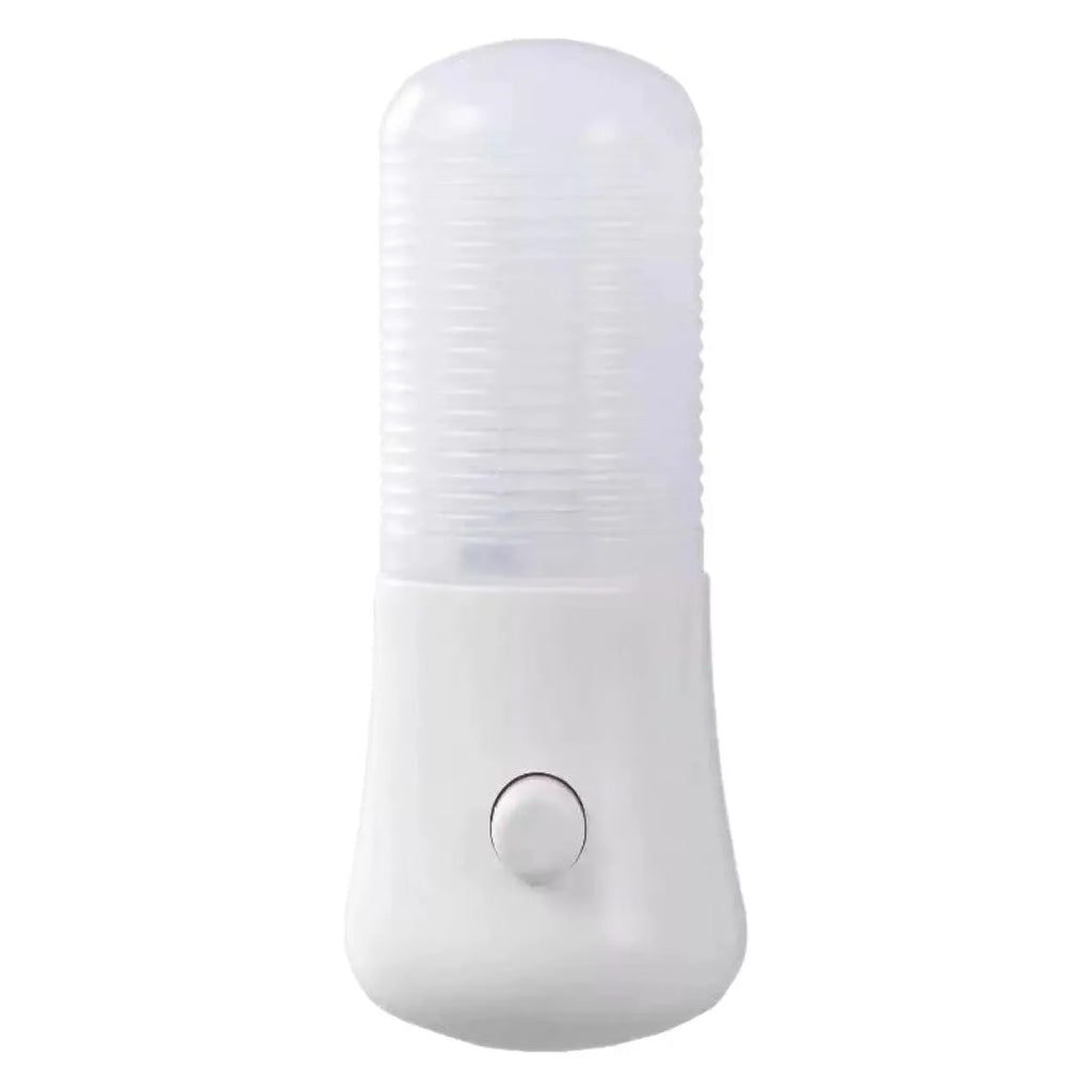 White minimalist plug-in bedside night light with dual colour switch showing 6.5cm cube dimensions