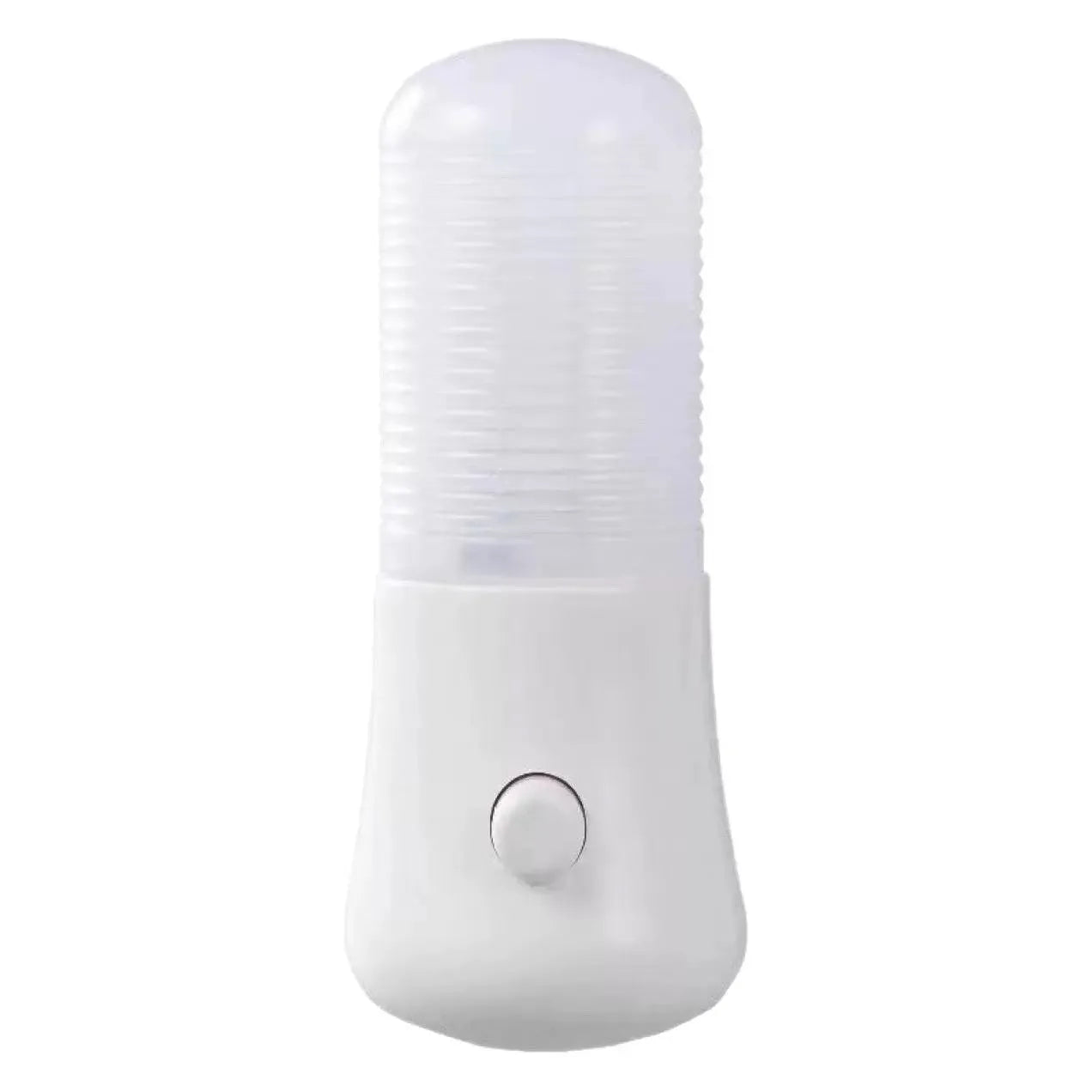 White minimalist plug-in bedside night light with dual colour switch showing 6.5cm cube dimensions
