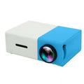 Micro mini LED portable projector in yellow and white, blue and white, or black and white with remote control, power adapter, and AV cable