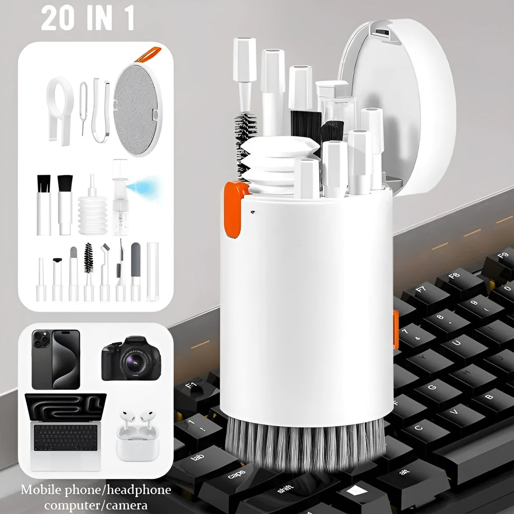 20 in 1 electronic cleaning kit with ABS tools in cylindrical black holder on white background