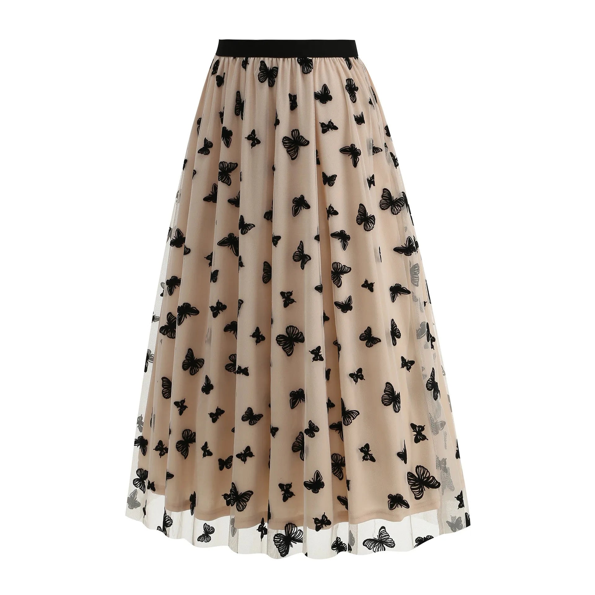 High waist mesh big hem skirt for women with butterfly embroidery in khaki colour