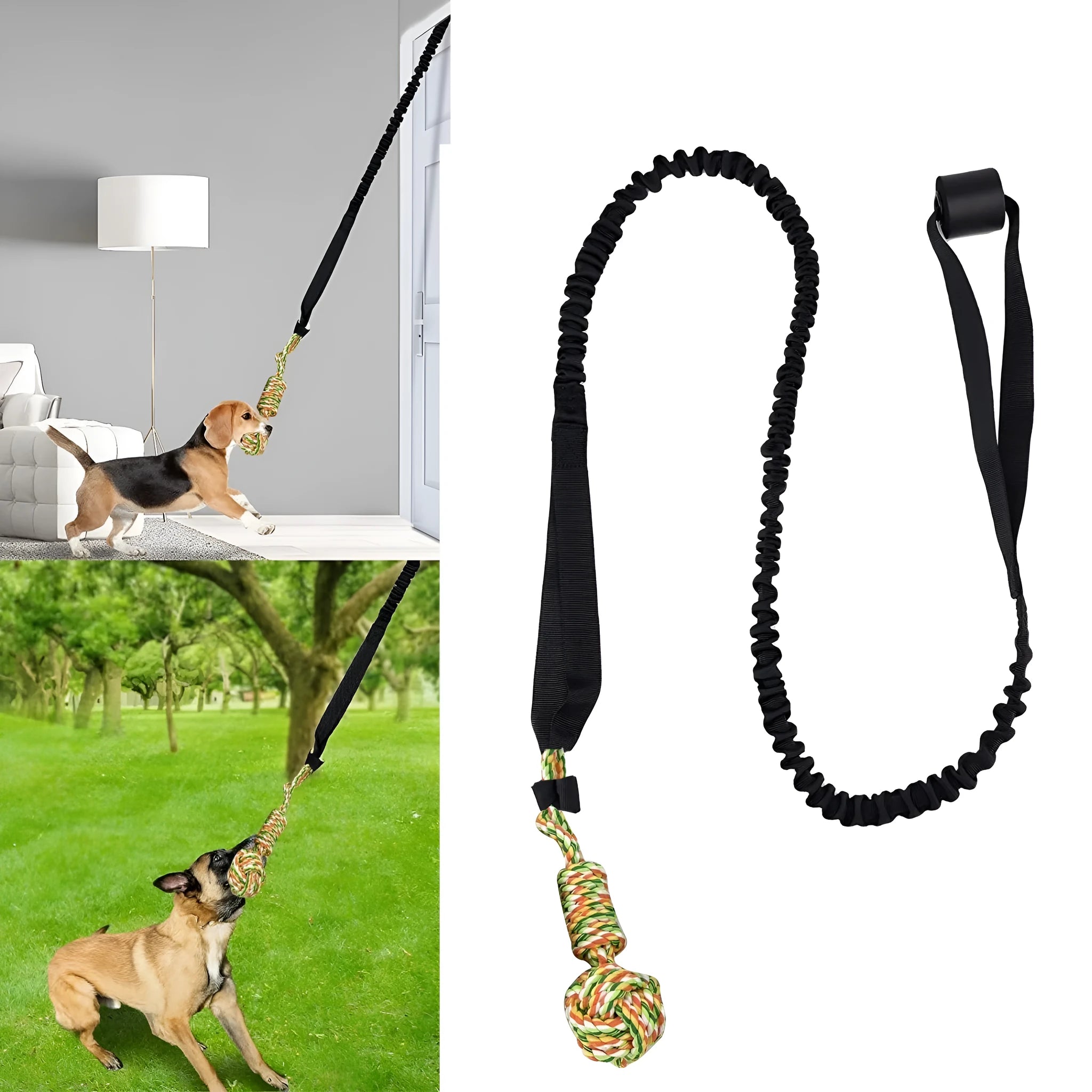 A woven cotton rope dog tug toy in either black, grey, or red, held ready for a game of tug-of-war.