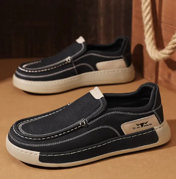 Men's breathable hollow leather slip-on casual shoes in black with two-layer cowhide upper
