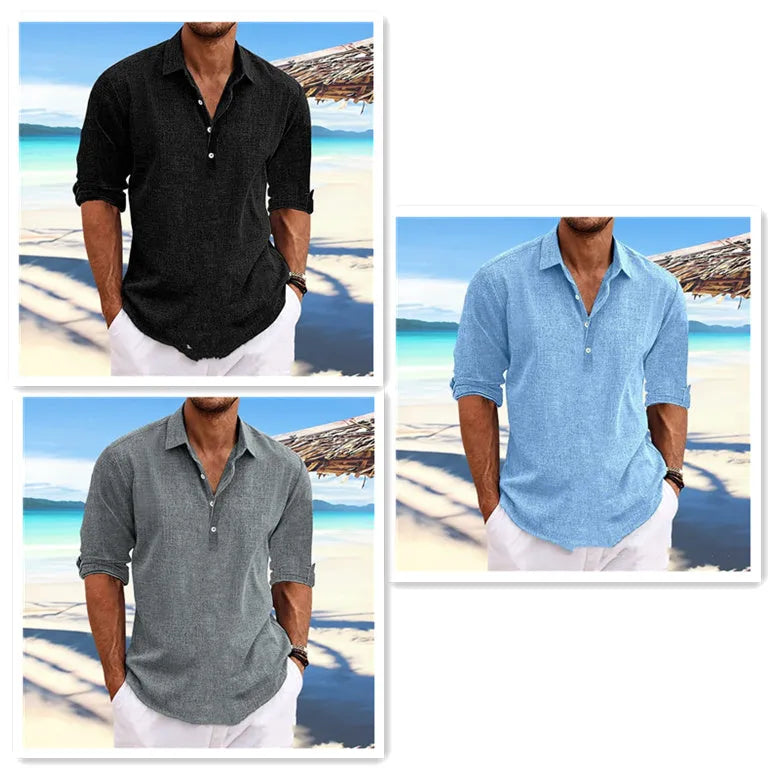 Men's loose-fit solid colour pullover shirt in khaki, front view