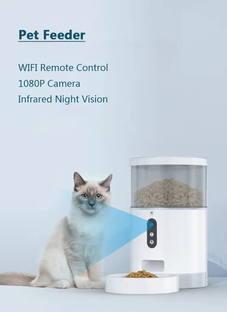 White smart pet automatic feeder with voice and video versions, ABS material, 207x207x339mm package size, 220V US