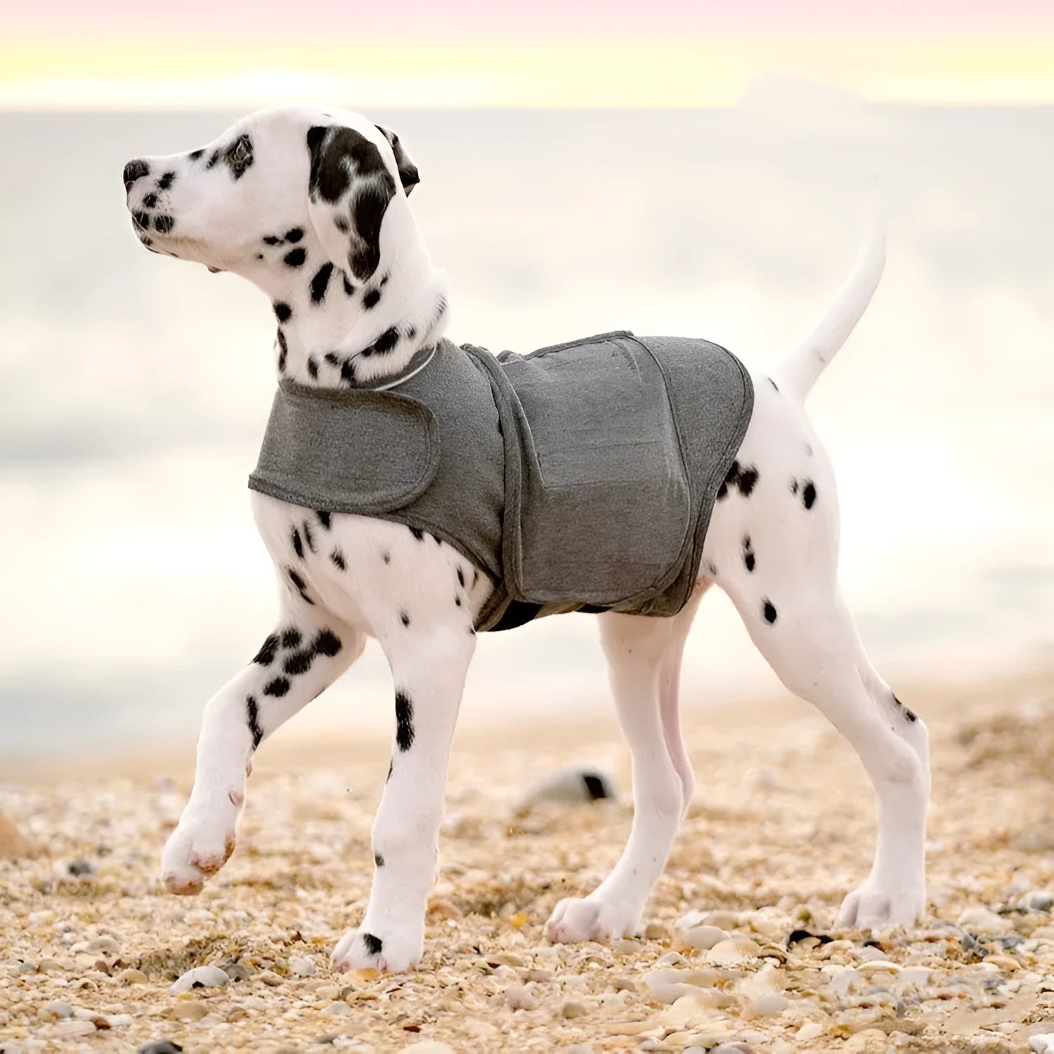 Heather grey dog anxiety vest made from brocade cotton fabric on a medium-sized dog.