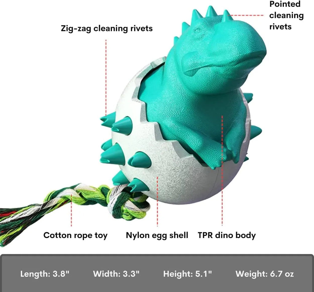 Blue durable rubber dinosaur dog chew toy with a green nylon rope, shown for scale.