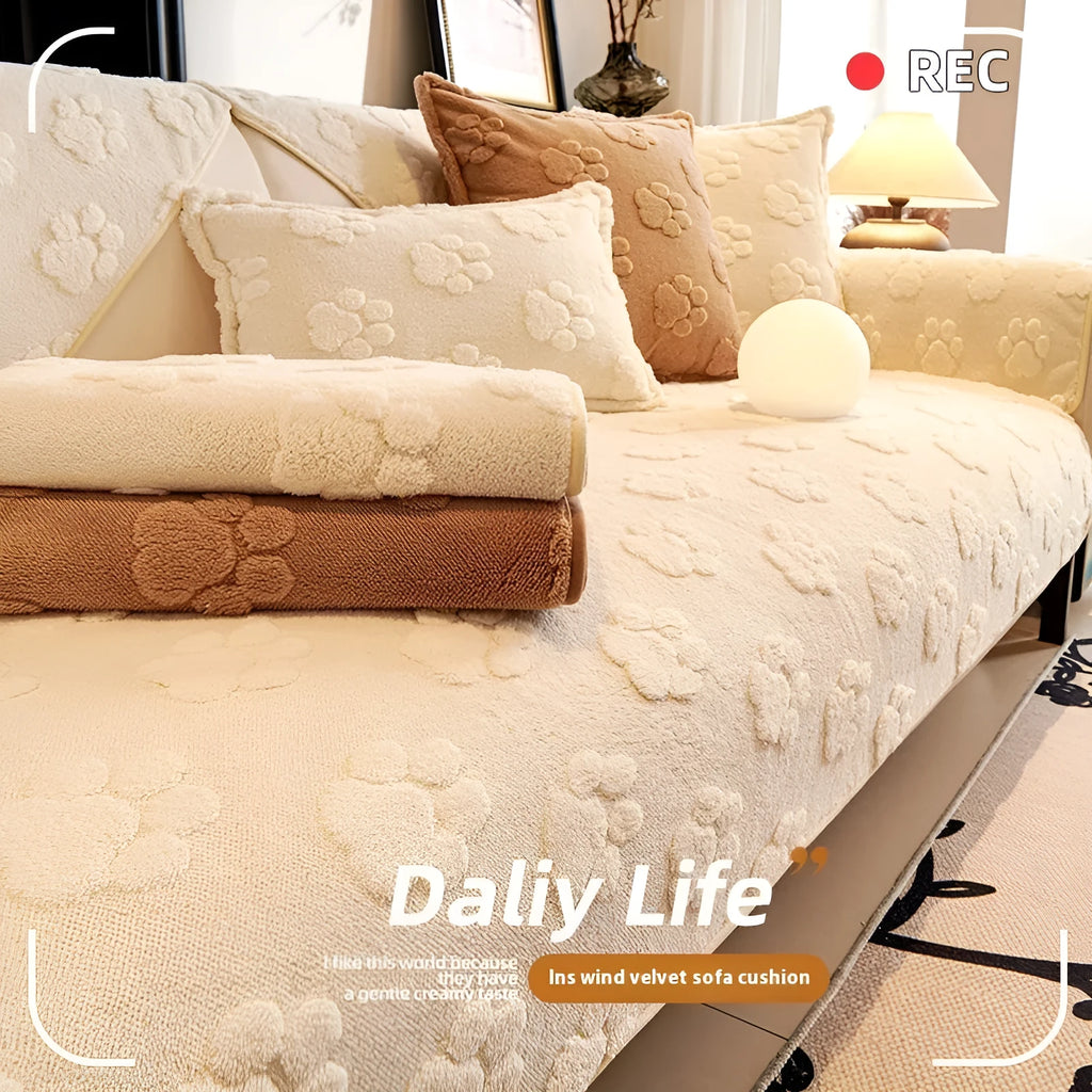 Thickened fleece non-slip sofa cushion in plush solid colour, available in beige, grey, khaki, and pink